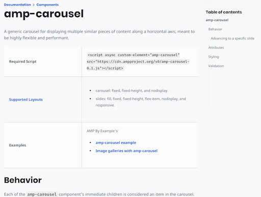 AMP documentation page fo carousel