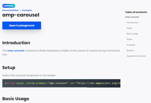 AMP By Example page for the amp-carousel component.