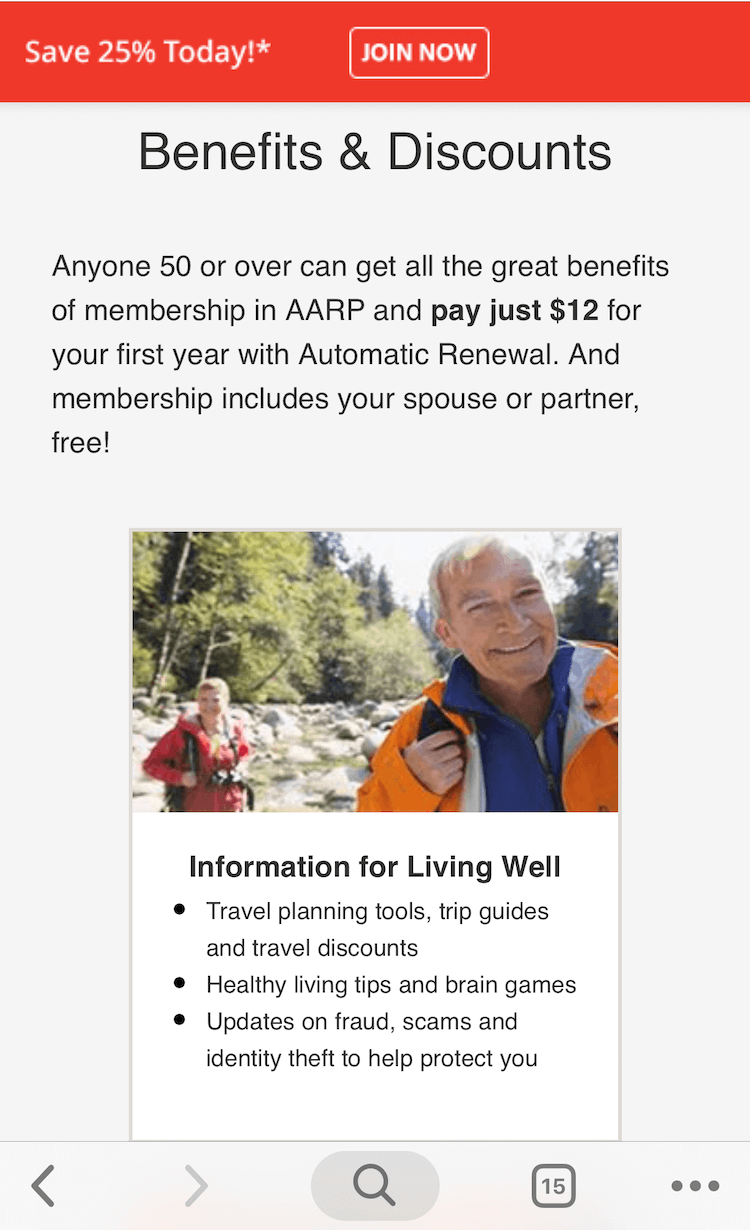 Screenshot of AARP on mobile